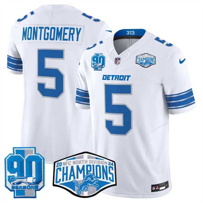 Men%27s Detroit Lions #5 David Montgomery White 2024 NFC North Champions 90th Anniversary Patch F.U.S.E. Vapor Limited Stitched Jersey->detroit lions->NFL Jersey